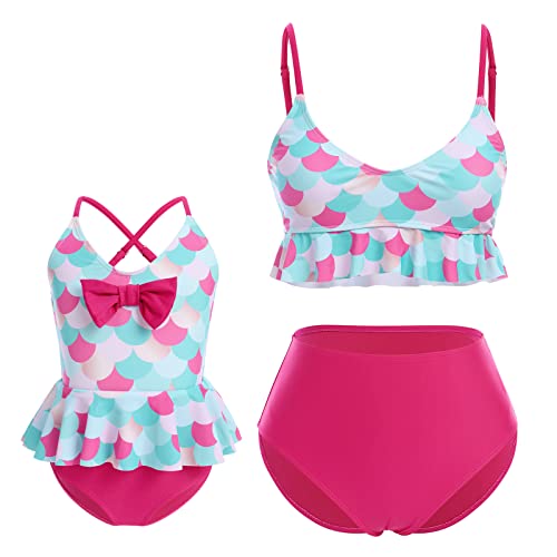 Mommy and Me Swimsuit Bright Color Cute Prints Ruffle Tankini Family Matching Swimwear Two Pieces Bikini Bathing Suit Summer Mother Daughter Beachwear Sets Rose Red Mermaid Medium