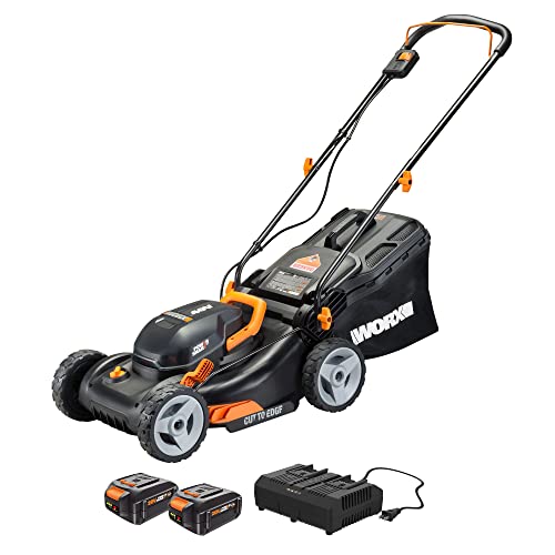 Worx 40V 17' Cordless Lawn Mower for Small Yards, 2-in-1 Battery Lawn Mower Cuts Quiet, Compact & Lightweight Push Lawn Mower with 7-Position Height Adjustment – 2 Batteries & Charger Included