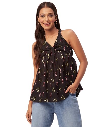 Moomaya Printed Cinched Waist Viscose Top, Sleeveless Tunic Top Black