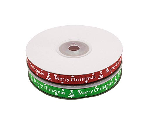 ATRibbons 50 Yards 3/8 Inch Merry Christmas Printing Grosgrain Ribbon Christmas Red and Green Ribbons for Gift Wrapping and Holiday Decorations,25 Yards/Spool x 2 spools (Red+Green)