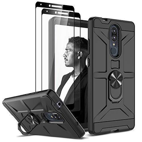 Jeylly Coolpad Legacy Case with Tempered Glass Screen Protector [2 Pack], 360 Degree Rotating Ring Kickstand Holder Shock Absorption Full Body Protective Cover for Coolpad Legacy 6.36 Inch, Black