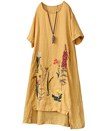 Minibee Women's Embroidered Linen Dress Summer A-Line Sundress Hi Low Tunic Clothing Yellow XL