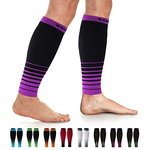 NEWZILL Compression Calf Sleeves (20-30mmHg) for Men & Women - Perfect Option to Our Compression Socks - For Running, Shin Splint, Medical, Travel, Nursing (Stripes Black/Purple, XX-Large)