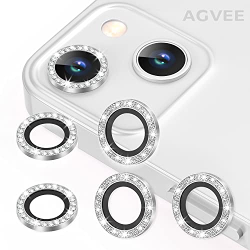 AGVEE 3+3 6 Pack for iPhone 13 6.1 inch / 13 Mini 5.4 inch Camera Lens Protector, Bling Diamond & Bling Glitter Metal Ring 9H Tempered HD Glass Camera Protector Cover Film, Bling-Silver