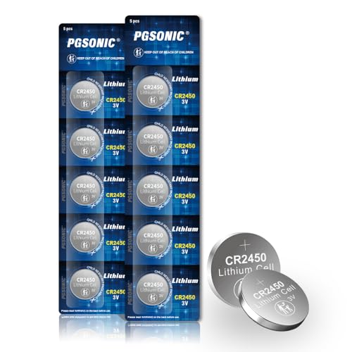 PGSONIC CR2450 Batteries, 3 Volt Lithium Coin Battery 10 Count, High Capacity and Leak-Free Performance