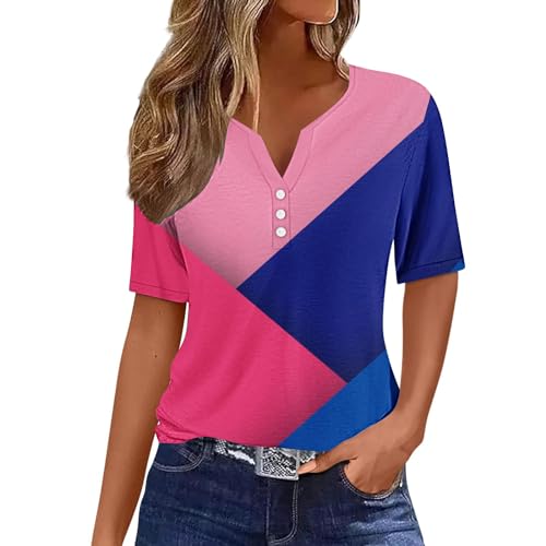 DASAYO My Orders Short Sleeve Shirts for Women Button Notched V Neck Color Block Blouses Dressy Causal Tops 2024 Spring Tops for Women Trendy Plus Size