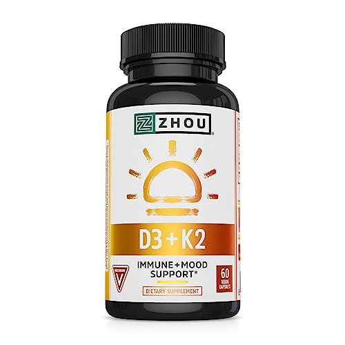 Zhou Nutrition Vitamin D3 K2, Bone and Heart Health Formula 5000 IU Vitamin D3 & 90 mcg Vitamin K2, Max Strength 2 in 1 Immune Support and Calcium Absorption, Gluten Free, 60 Count
