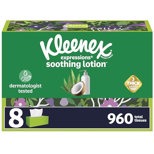 Kleenex Expressions Soothing Lotion Facial Tissues with Coconut Oil, 8 Flat Boxes, 120 Tissues per Box, 3-Ply (960 Total Tissues), Packaging May Vary