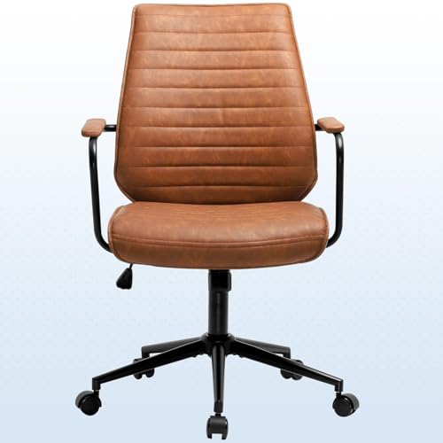 DICTAC Leather Office Chair Brown Desk Chair, mid Century Home Office Chair with Armrest, Modern Computer Chair, Capacity 400lbs
