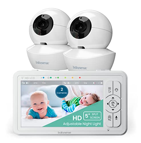 Babysense 5' HD Split-Screen Baby Monitor, Video Baby Monitor with 2 Cameras and Audio, Night Light, 960ft Range, Two-Way Audio, 4X Zoom, Night Vision, 4000mAh Battery