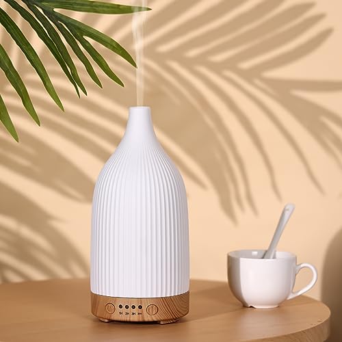 Coolego Ceramic Diffuser, 100ml Essential Oil Diffuser Ultrasonic Cool Mist Aromatherapy Diffuser with Waterless Auto-Off, 4 Timer Setting & 7 Colors Night Light for Home Office, White