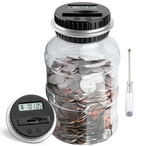 Large Piggy Bank for Boys Adults, Vcertcpl Digital Coin Counting Bank with LCD Counter, 1.8L Capacity Coin Bank Money Jar for Adults, Designed for All US Coins (Silver)