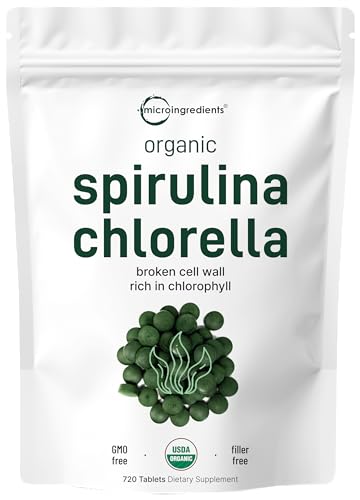 Organic Chlorella Spirulina Tablets, 3000mg Per Serving, 720 Counts, 4 Months Supply, 50/50 Blend Superfood, No Filler, No Additives, Cracked Cell Wall, Rich in Vegan Protein & Chlorophyll