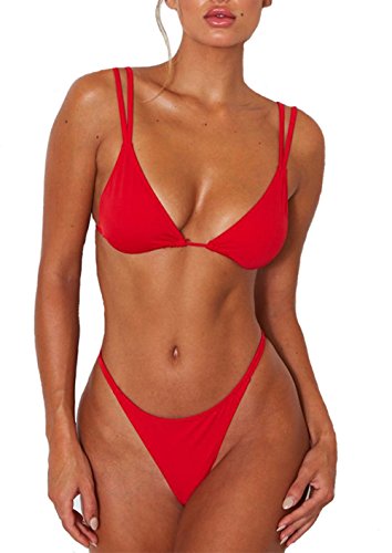 Women's High Cut Thong Bikini Low Triangle Swimsuit Padded Swimwear Adjustable Strap Sexy 2PCS Beachwear Red S