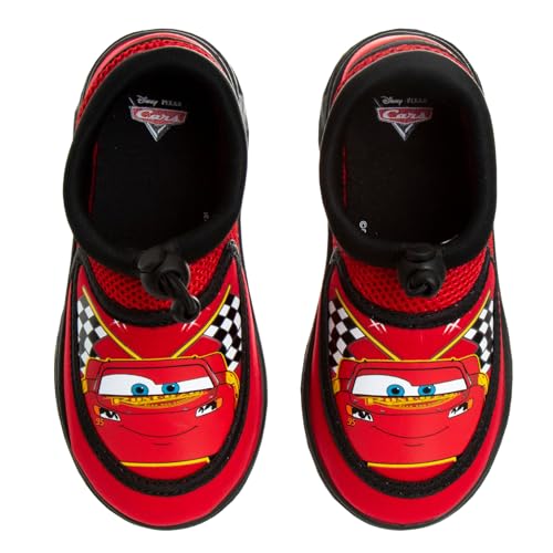 Josmo Cars Water Shoes Kids Boys Sandals Quick Dry - Lightning McQueen Pool Aqua Socks Bungee Waterproof - Red Black (Size 7-8 Toddler)