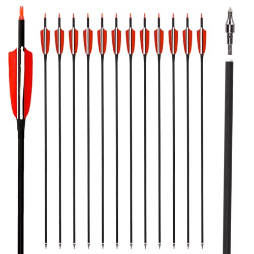 LWANO 30' Carbon Arrows-Archery Target Practice Hunting Arrows with 4' Turkey Feather Spine 500 for Recurve & Long Bow(Pack of 12)