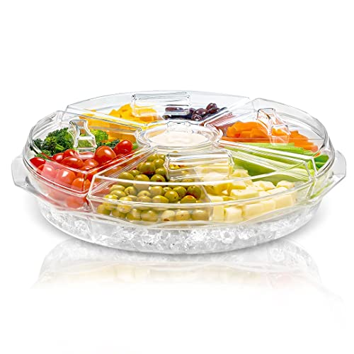 Chef's Star Clear Extra Large Acrylic Appetizer Serving Tray, 8 Compartment Vegetable Tray with Lid, Shrimp Cocktail Serving Dish, Large Iced Food Platter for Breakfast, Lunch, Dinner, Picnics Parties