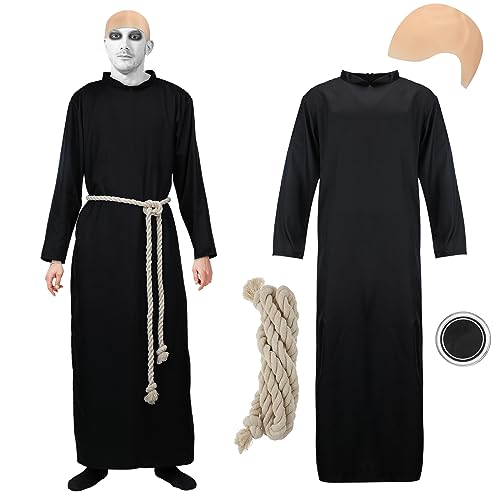 Mepase Set of 4 Halloween Black Uncle Fester Costume Set with Tunic Hooded Robe Cord Belt Latex Bald Cap Makeup Black Cream for Cosplay Family Costume Adults Teens Party