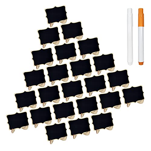 24 Pcs Wooden Mini Chalkboards Signs for Food Signs, Wedding Signs, Message Signs, Event Decorations, and Include Wave-Shaped Board, Wooden Stand, 2 Chalk Markers.