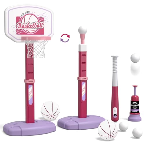 HYES 2 in 1 Kids Basketball Hoop and T Ball Set - Adjustable Height, Kids Baseball Tee with Automatic Pitching Machine, Indoor Outdoor Sport Toys Gifts for Toddler Boys Girls Age 1-5, Pink