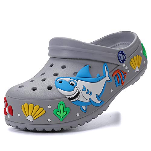 Kids Girls Boys Garden Clogs Water Shoes Cartoon Comfort Summer Funny Shark Aquarium Animal Designed Charm Lightweight Pool Beach Slip On Sandals Shower Slides Non-Slip Walking Slippers Grey 30