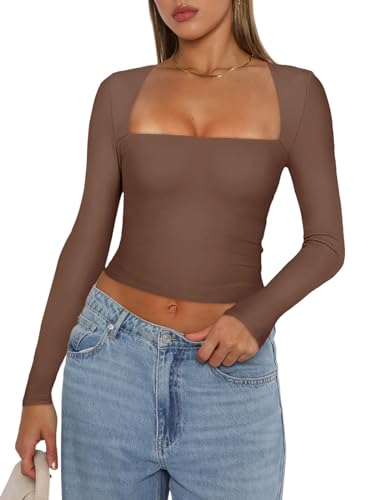 REORIA Women's Fall Sexy Casual Square Neck Long Sleeve Tight Cropped T Shirts Slim Fitted Basic Y2K Trendy Going Out Crop Tops for Teen Girls Coffee Large
