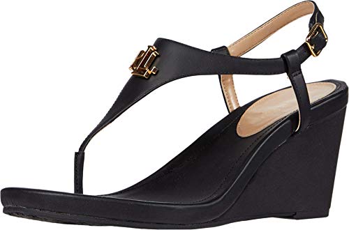 LAUREN Ralph Lauren Jeannie Wedge Sandal for Women - Adjustable T-Strap, Open-toe Casual High platform Wedges - Black 7 B - Medium