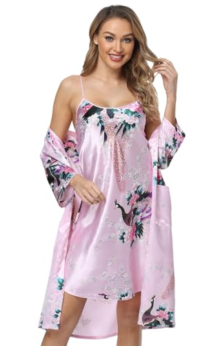 Joy Bridalc Women's Silk Satin Nightgown with Robes Set 2 Piece Long Floral Sexy Nightwear