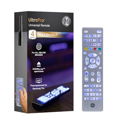 GE Backlit Buttons Universal Remote Control, Samsung TV Remote Control Replacement, Samsung Remote Control for Smart TV, Roku Remote Replacement, Vizio, LG TV, Sony, Apple TV, 4-Device, Silver, 48844