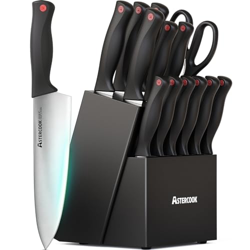 Astercook Knife Set, 15 Pieces Kitchen knives Set with Built-in Sharpener, High Carbon German Stainless Steel Chef Knife Block Sets, Sharp & Rust Resistant Dishwasher Safe, Mothers Day Gifts Black