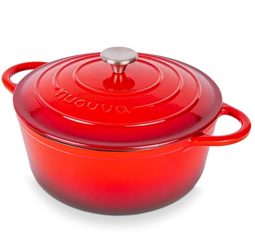 Cast Iron Dutch Oven with Lid – Non-Stick Ovenproof Enamelled Casserole Pot, Oven Safe up to 500° F – Sturdy Dutch Oven Cookware – Red, 6.4-Quart, 28cm – by Nuovva