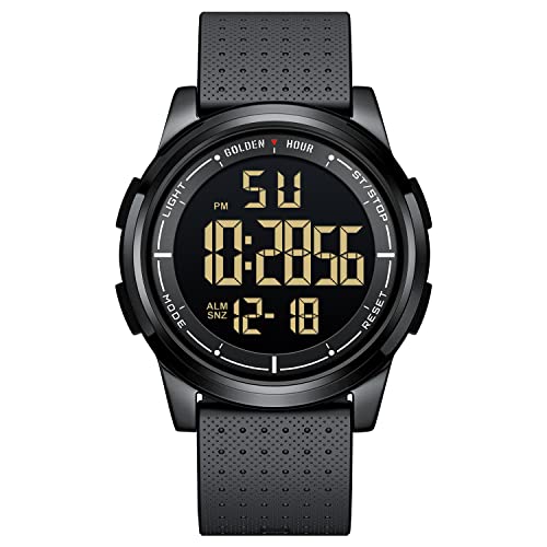 GOLDEN HOUR Ultra-Thin Minimalist Sports Waterproof Digital Watches Men with Wide-Angle Display Rubber Strap Alloy Steel Case Wrist Watch for Men Women in Black