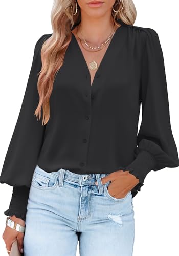 Aifer Womens Tops Dressy Casual Long Sleeve Button Down Blouses V Neck Work Black Shirts Spring Fashion Clothes Vacation Outfits 2024