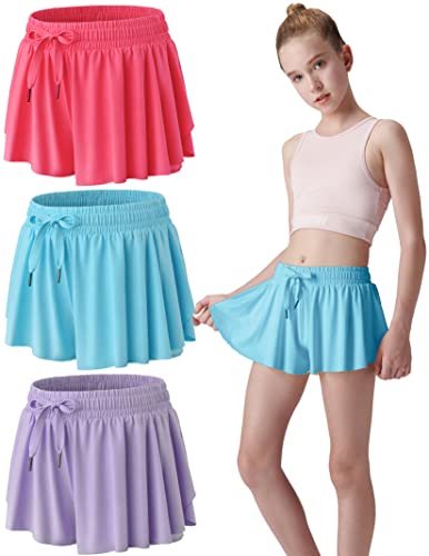 3 Pack Girls Flowy Shorts with Spandex Liner 2-in-1 Youth Butterfly Skirts for Fitness, Running, Sports (Set 4, Youth Small)