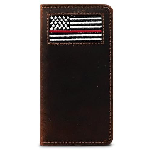 Thin Red Line Flag Firefighter Wallet – Full Grain Leather Firefighter Checkbook Cover w/ Needlepoint Firefighter Flag – Thin Red Line USA Firefighter Accessories - Ideal Firefighter Gifts for Men