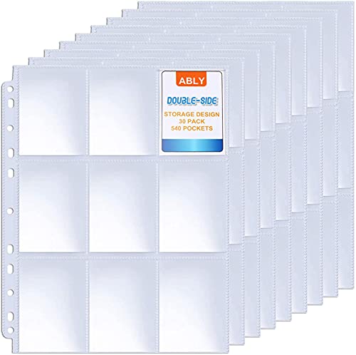 ABLY 540 Pockets Double-Sided Trading Card Pages Sleeves 9-Pocket Clear Plastic Game Card Protectors for Skylanders, Pokemon, Baseball Cards and More, Fit 3 Ring Binder (30 Pages)