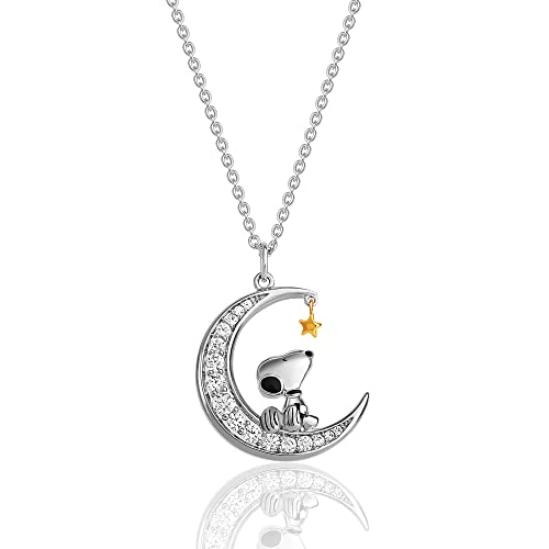 PEANUTS Womens Snoopy Moon Cubic Zirconia Necklace 18' -18k Yellow Flash Plated Snoopy Necklace - Official License