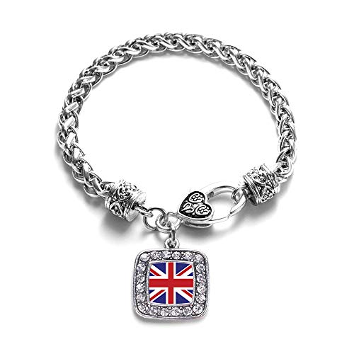 Inspired Silver - UK Flag Braided Bracelet for Women - Silver Square Charm Bracelet with Cubic Zirconia Jewelry