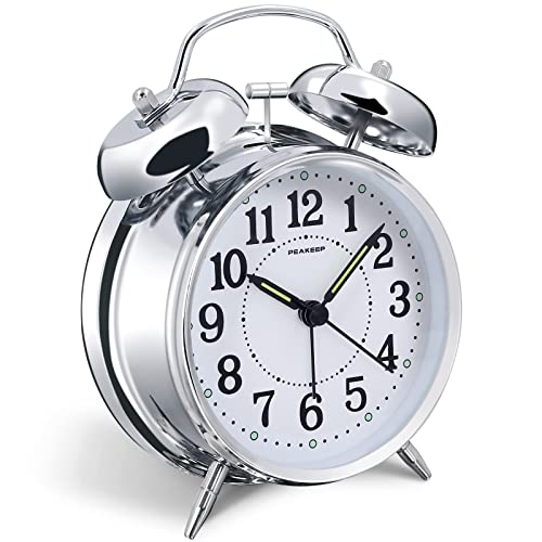 Peakeep 4 inches Twin Bell Loud Alarm Clock for Heavy Sleepers (Chrome Finish)
