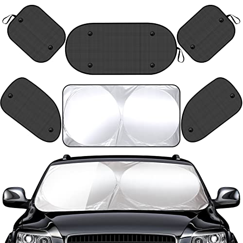 Tallew 6 Pieces Uv Protection Car Window Shades Set, Includes Sun Visor Windshield Shade, 4 Front Rear Side Window Shade Cling Sunshade, with Suction Cups for Baby (63 x 34 Inch)