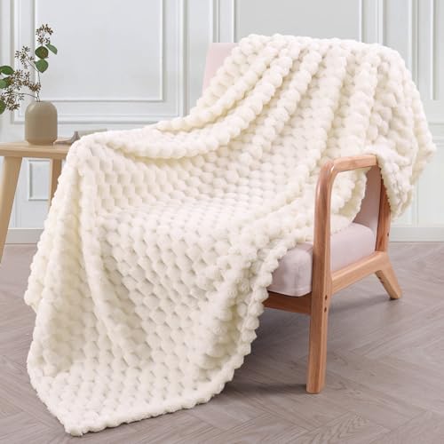 Exclusivo Mezcla Extra Large Soft Fleece Throw Blanket, 50x70 Inches 3D Clouds Stylish Jacquard Throw Blanket for Couch, Cozy Soft Lightweight for All Season, Off White Blanket