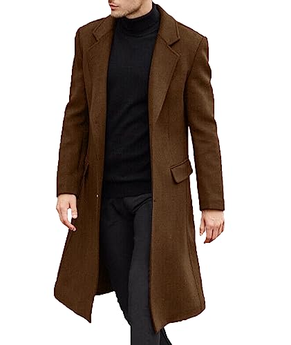 SOMTHRON Men's Casual Trench Coat Slim Fit Notched Collar Long Jacket Overcoat Single Breasted Pea Coat wih Pockets TA-L