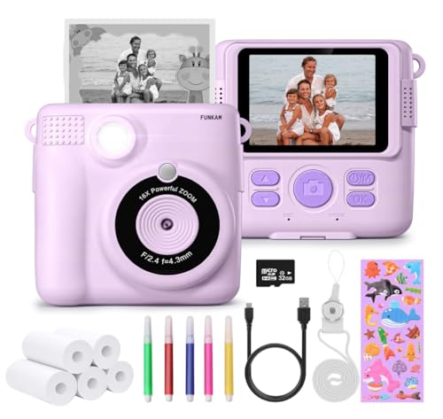 FUNKAM Instant Print Camera for Kids - 2.4' HD 1080P - with 32GB SD Card, 5 Markers, Stickers, 5 Paper Rolls, Lanyard. Camera Boys and Girls from 3 to 14 Years Old. -Birthday Gifts - Purple