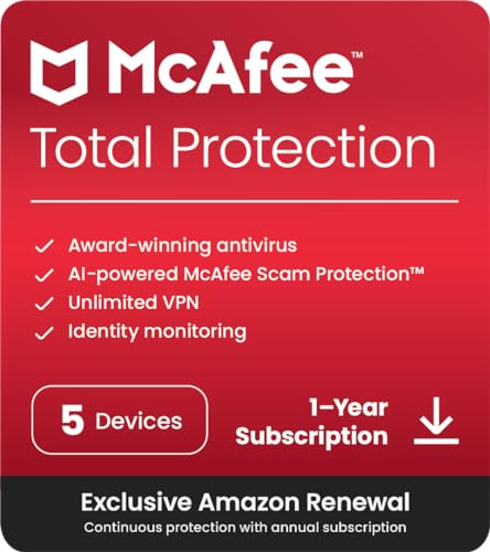 McAfee Total Protection 2024 Ready | 5 Device | Cybersecurity Software Includes Antivirus, Secure VPN, Password Manager, Dark Web Monitoring | Amazon Exclusive 1 Year with Auto Renewal