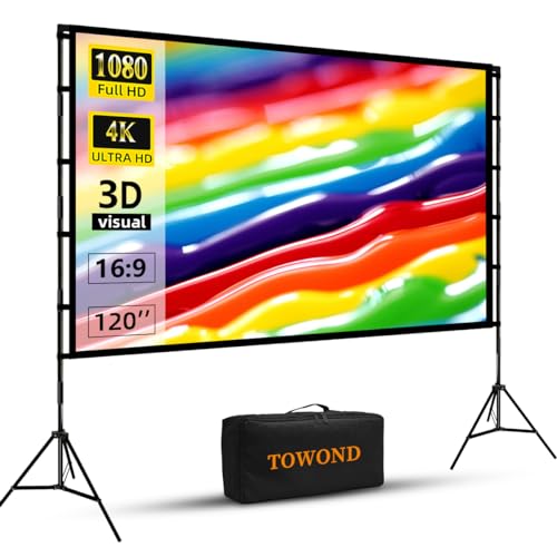 Projector Screen and Stand, Towond 120 inch Portable Projector Screen Indoor Outdoor Projector Screen 16:9 4K HD Wrinkle-Free Lightweight Movie Screen with Carry Bag for Backyard Movie Night