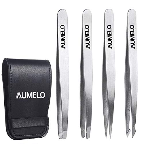 Tweezers Set 4-Piece Professional Stainless Steel Tweezers Gift with Travel Case by Aumelo - Best Precision Eyebrow and Splinter Ingrown Hair Removal Tweezer Tip,No Colored & Chemical Free