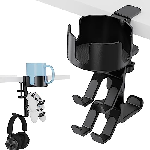 360° Rotating Desk Controller Headphone Holder - Larger Desk Cup Holder with Adjustable Headset Hanger Controller Stand | Clamp On Desk Organizer | Gaming Desk Accessories