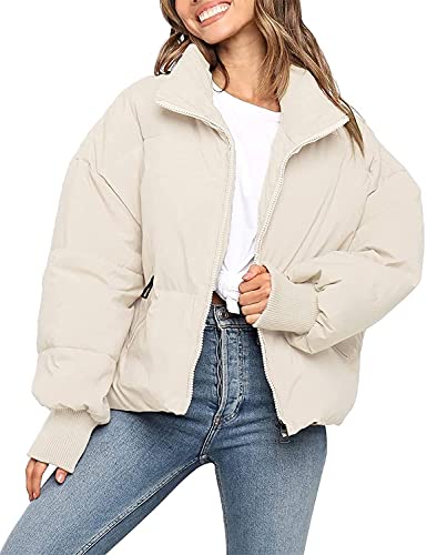 MEROKEETY Women's 2024 Winter Long Sleeve Zip Puffer Jacket Baggy Short Down Coats, White, M