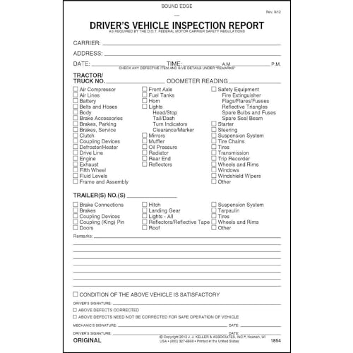 Detailed Driver's Vehicle Inspection Report 10-pk. - Book Format, 2-Ply Carbonless, 5.5' x 8.5', 31 Sets of Forms Per DVIR Book - Meet FMCSR Requirements