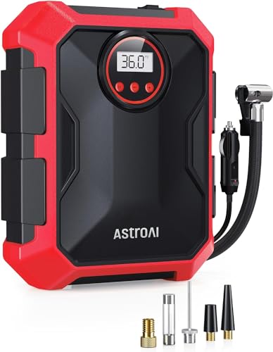 AstroAI Portable Air Compressor and Tire Inflator - 12V DC Auto Accessory with LED Light and Digital Display - 100PSI for Car, Bicycle and Other Tires - CZK-3674 Red